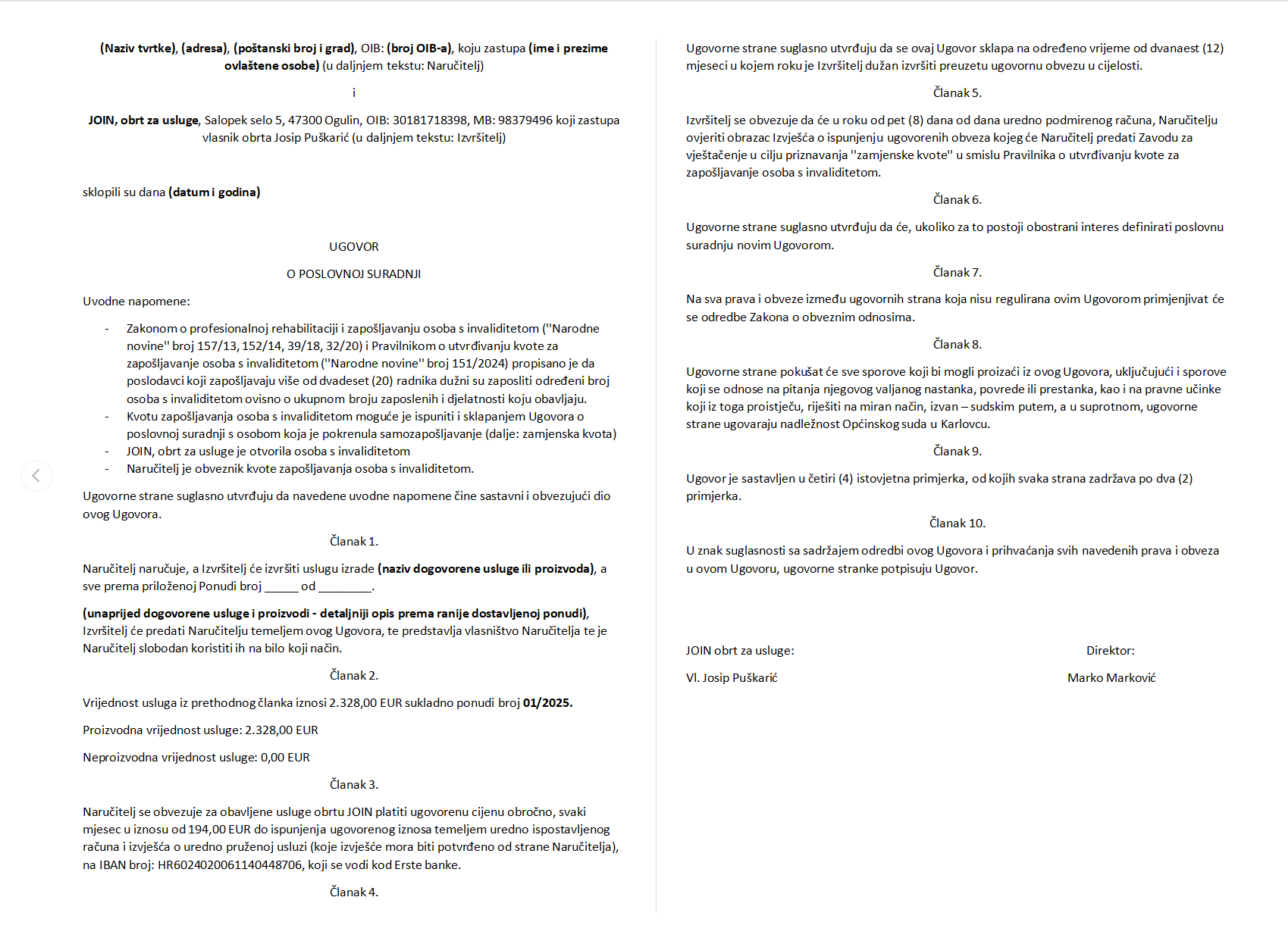 primjer ugovora